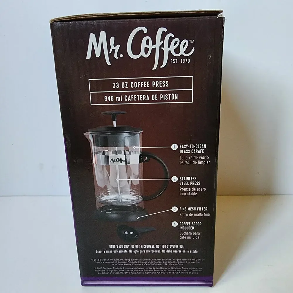Mr Coffee French Press 32 oz 946 ml Black Glass Stainless Steel Scoop Open Box